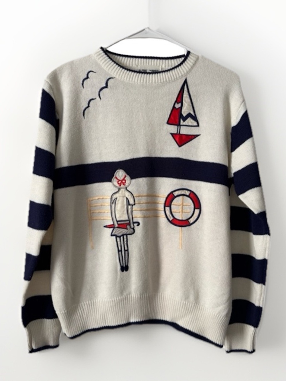 Alfred Dunner Vintage Womens M Coastal White Blue Nautical Striped Sweater Top